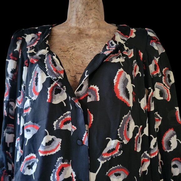 VTG Milly Silk Of New York Black Floral Print Button-Up Tunic Top Size 6 - Picture 4 of 14